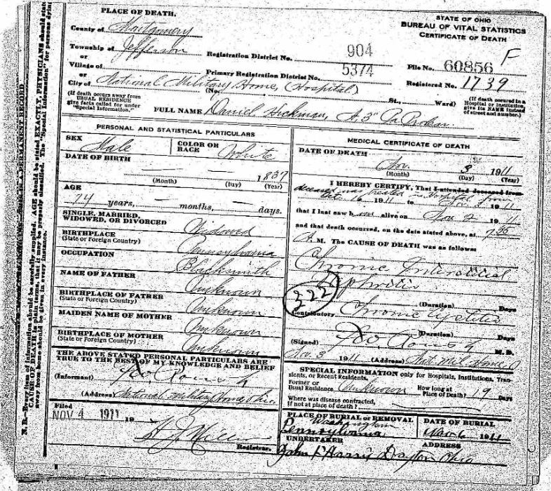 Daniel Hickman death certificate